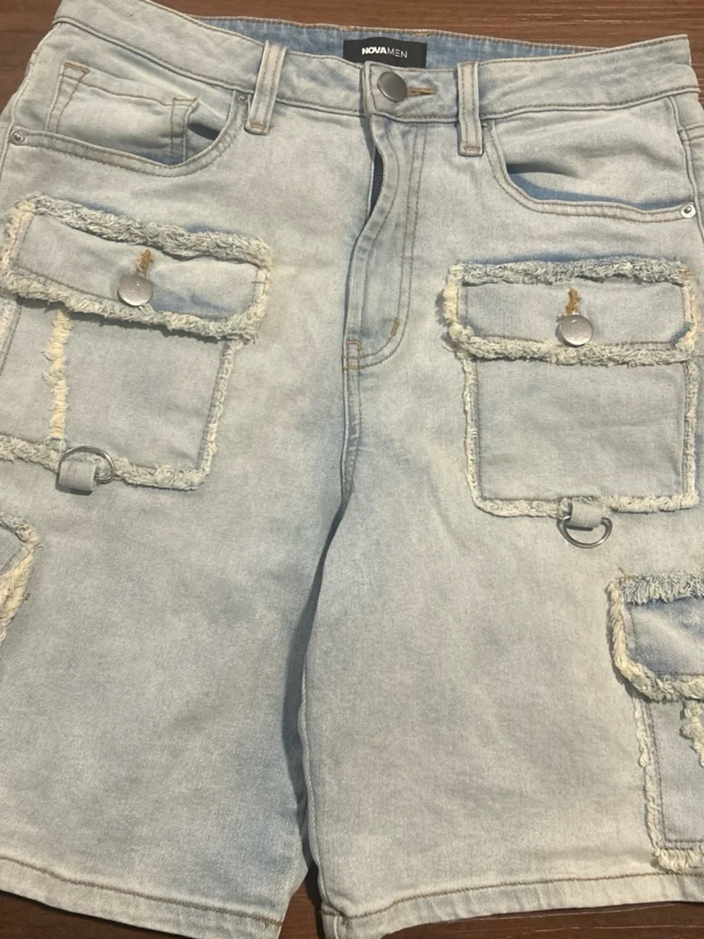 Fashion Nova Light Wash Cargo Jean Shorts with Frayed Flap Pockets